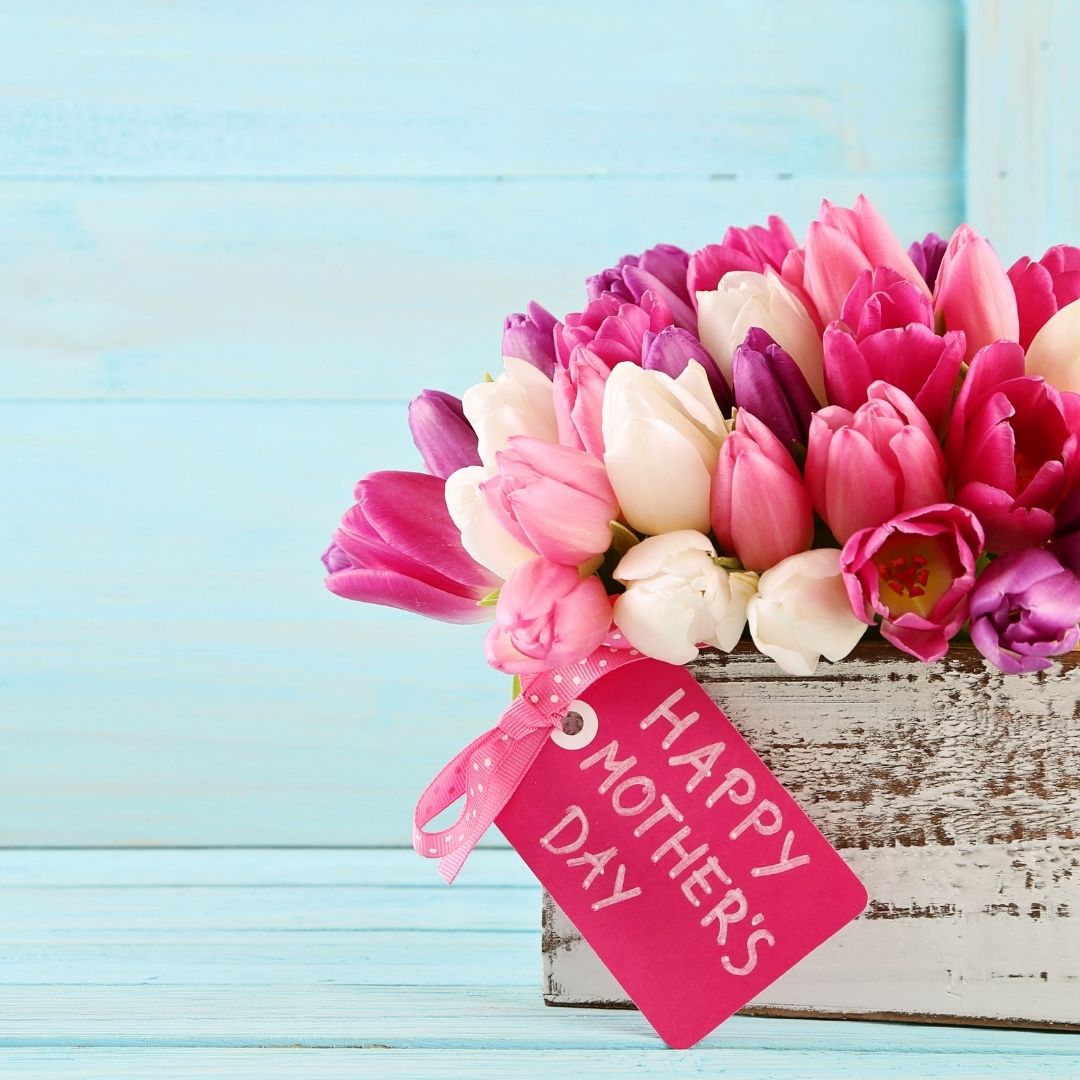 Pink and white flowers with Happy Mother's Day tag