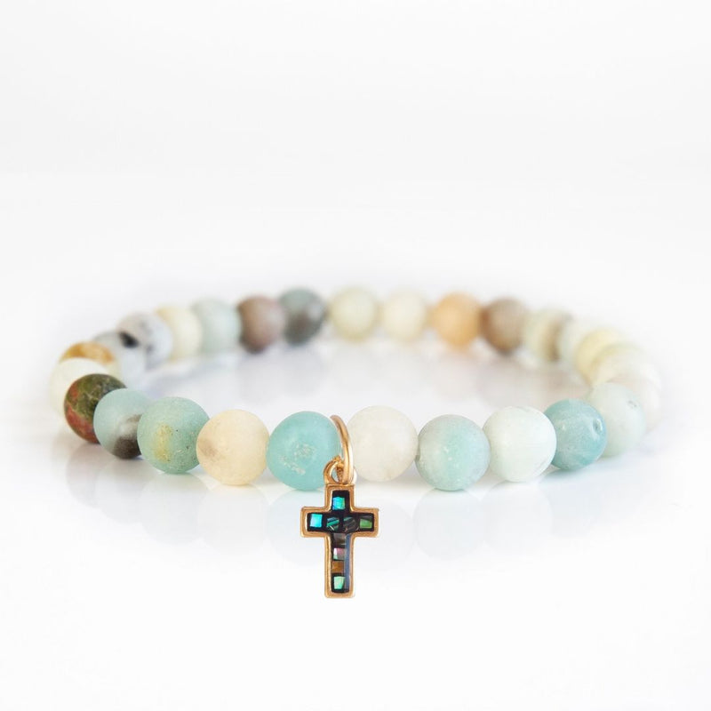 Amazonite beaded bracelet with an abalone shell cross charm pendant