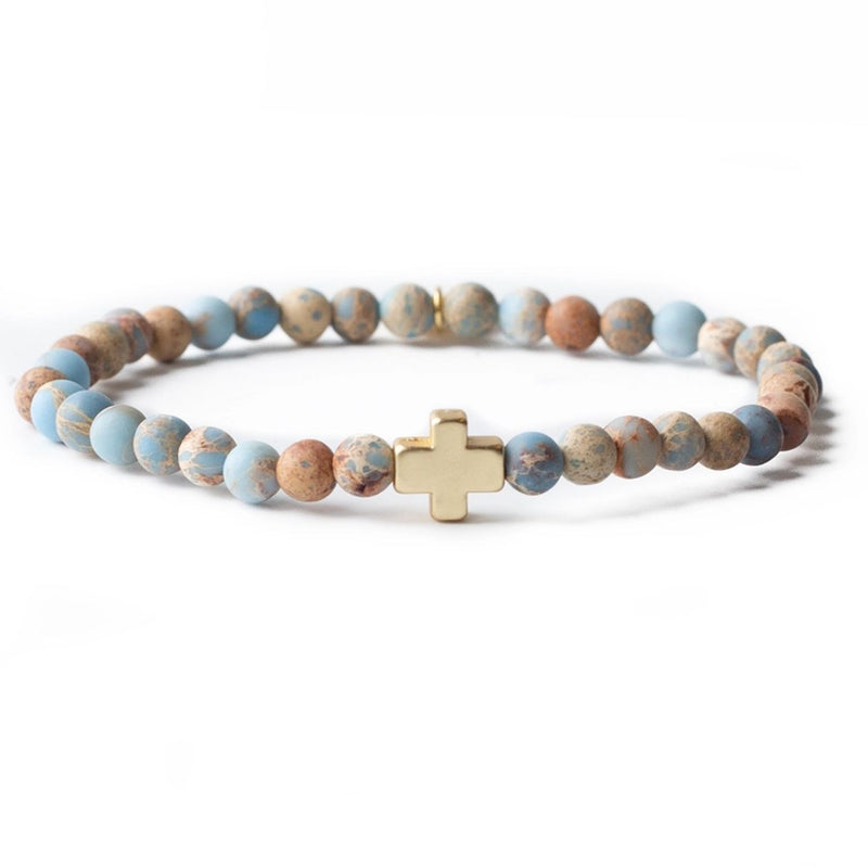 Blue Jasper Faith over Fear bracelet with gold cross