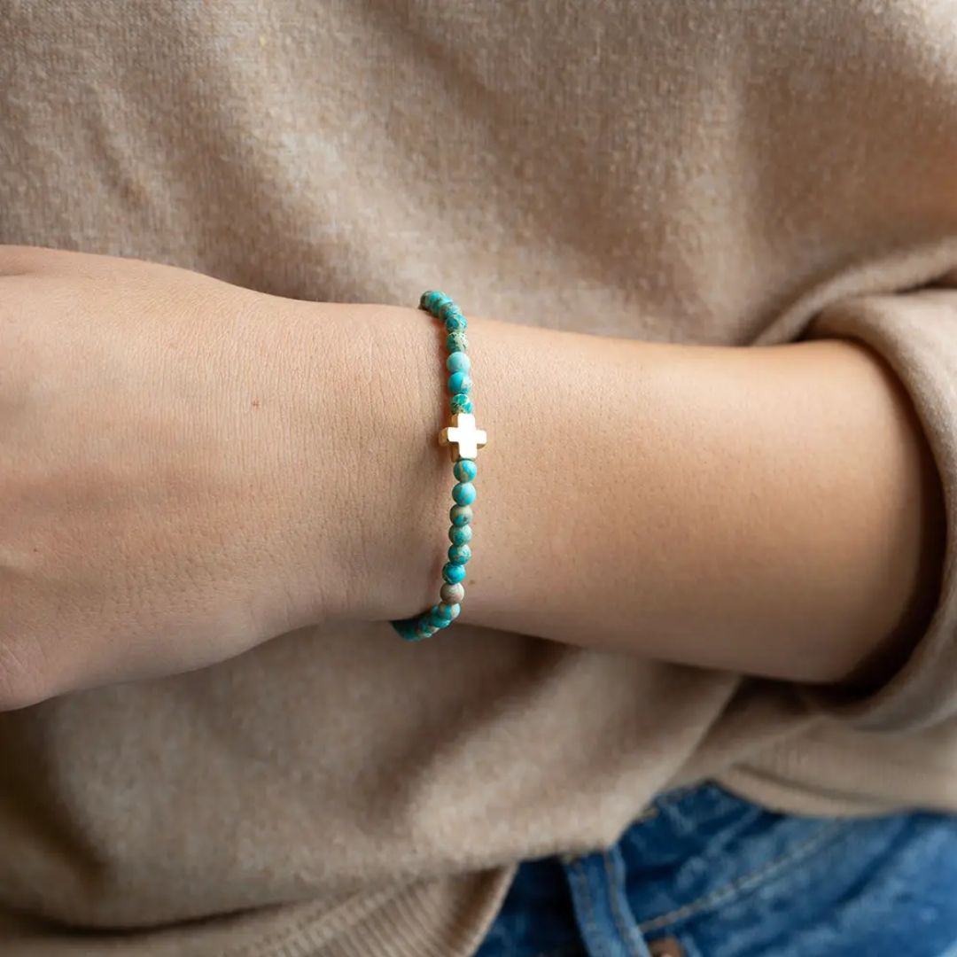 Turquoise Jasper Faith Over Fear bracelet on model