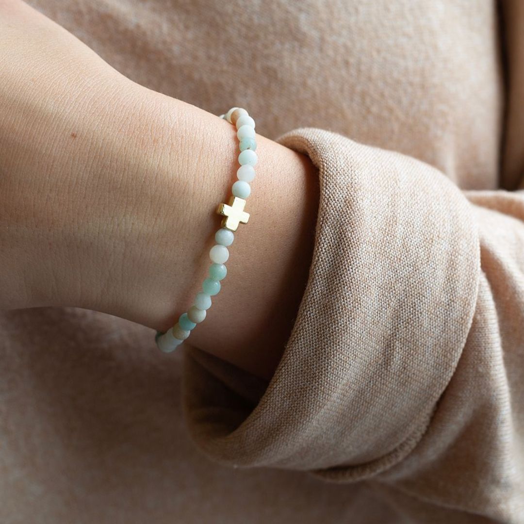 Model wearing Amazonite Faith Over Fear bracelet