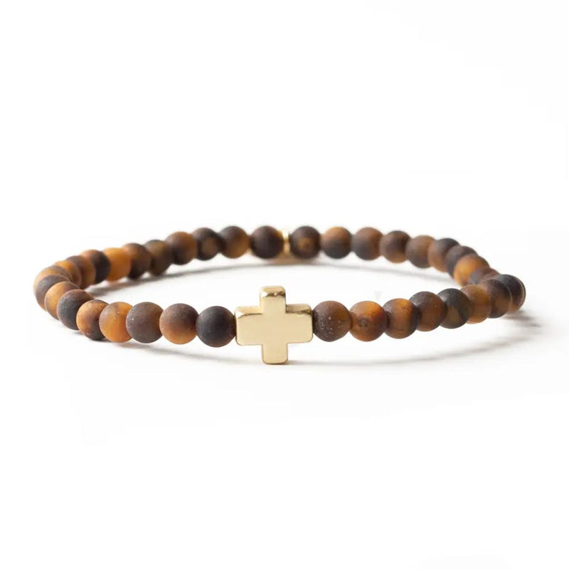 Brown and amber Tiger Eye gemstone bracelet with a gold cross