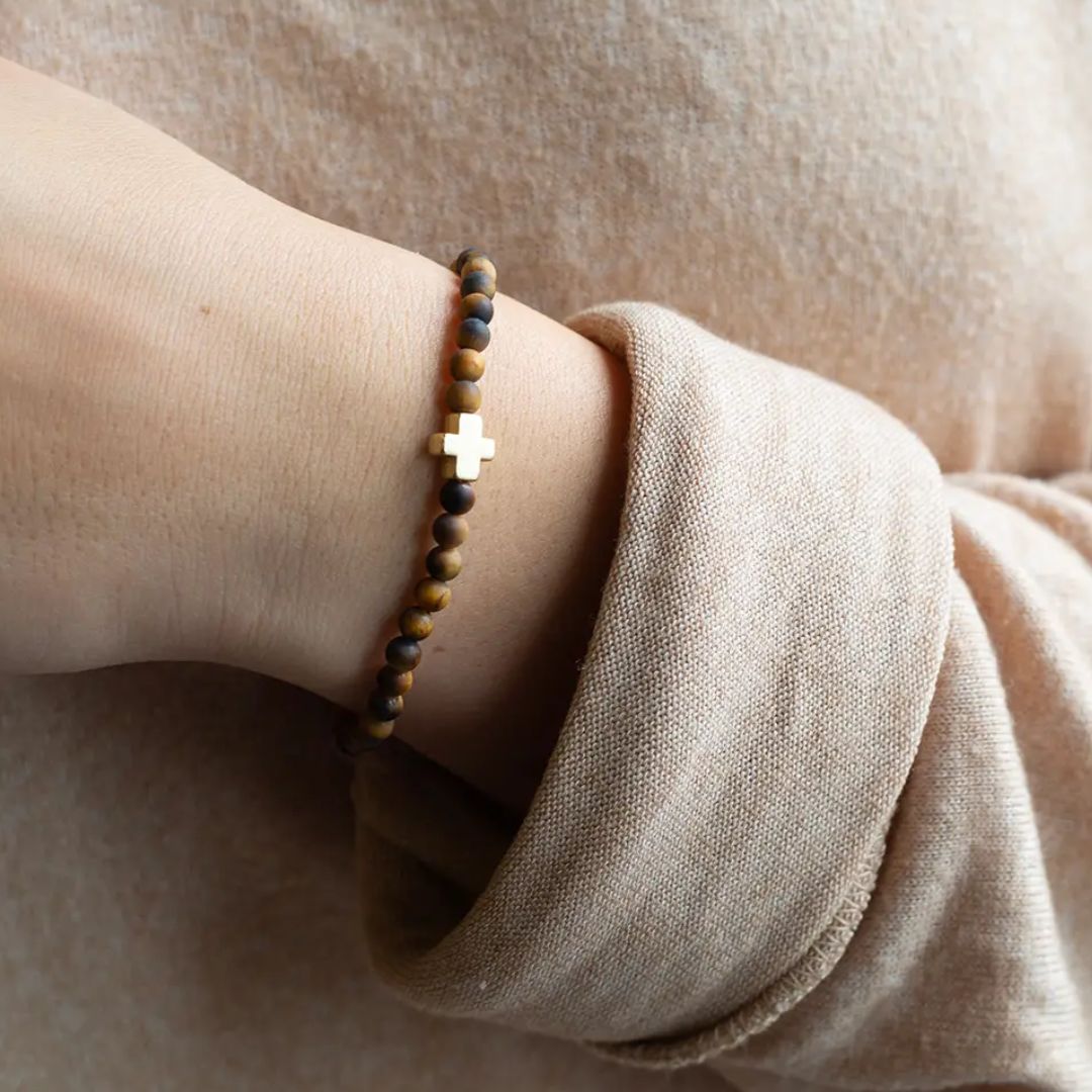 Brown Tiger Eye Faith Over Fear bracelet on wrist