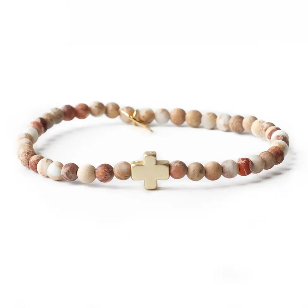 White & earth toned White Jasper beaded bracelet with gold cross