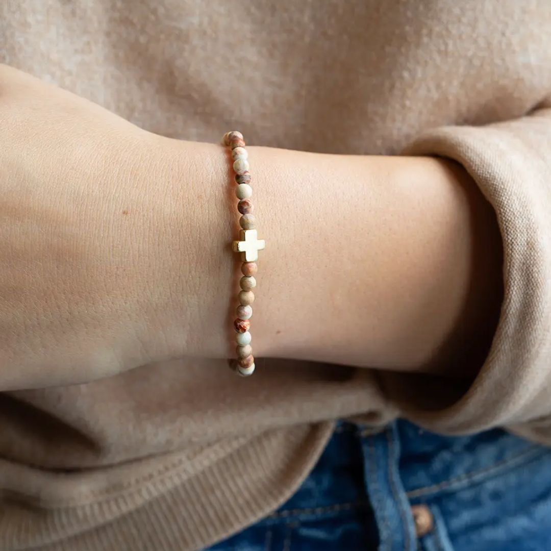 White Jasper Faith Over Fear bracelet on model