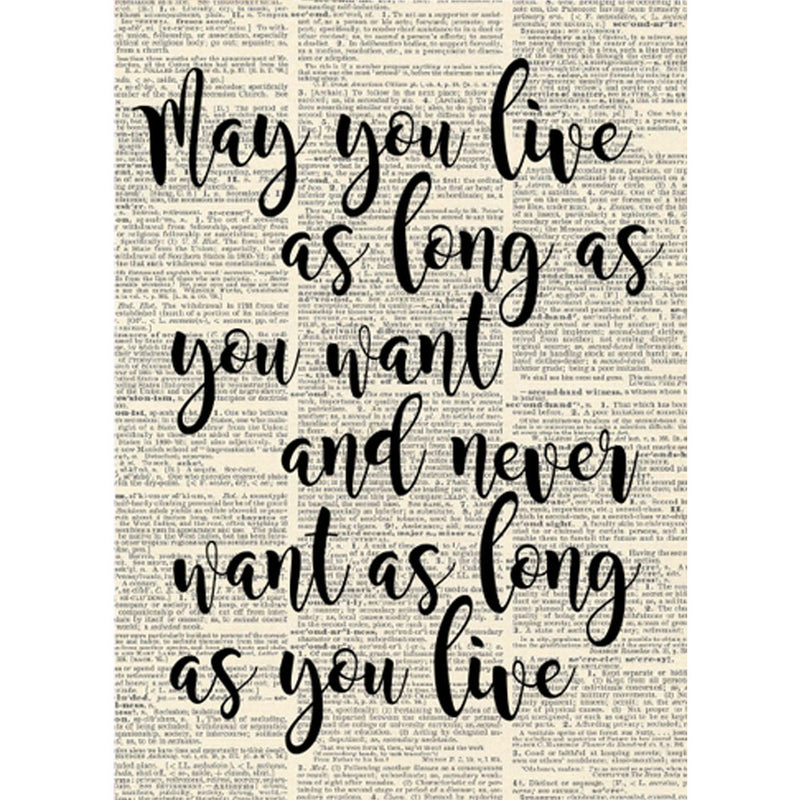 Page from a vintage book with the quote "May you live as long as you want and never want as long as you live" printed over the text