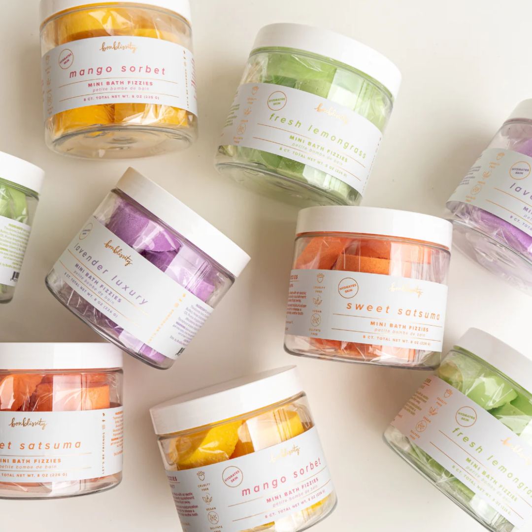 Jars of different scents of Bonblissity bath fizzies