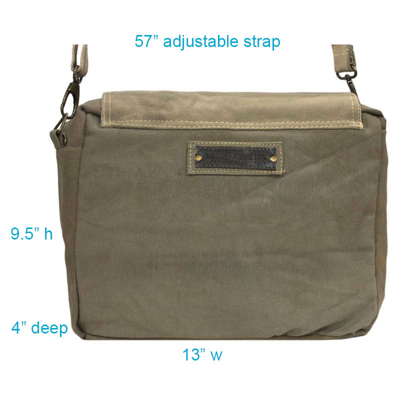 Dimensions for this crossbody bag are 13" wide by 9.5" high by 4" deep and includes a 57" adjustable strap. Perfect size for your laptop.