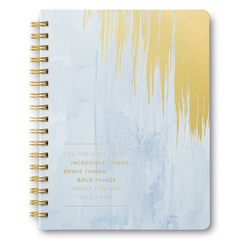 "You are here to do incredible things" spiral notebook - blue watercolor cover with gold foil text and streaks