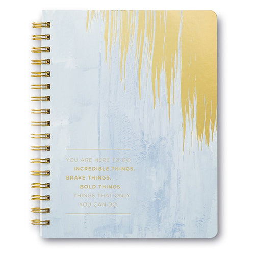 "You are here to do incredible things" spiral notebook - blue watercolor cover with gold foil text and streaks