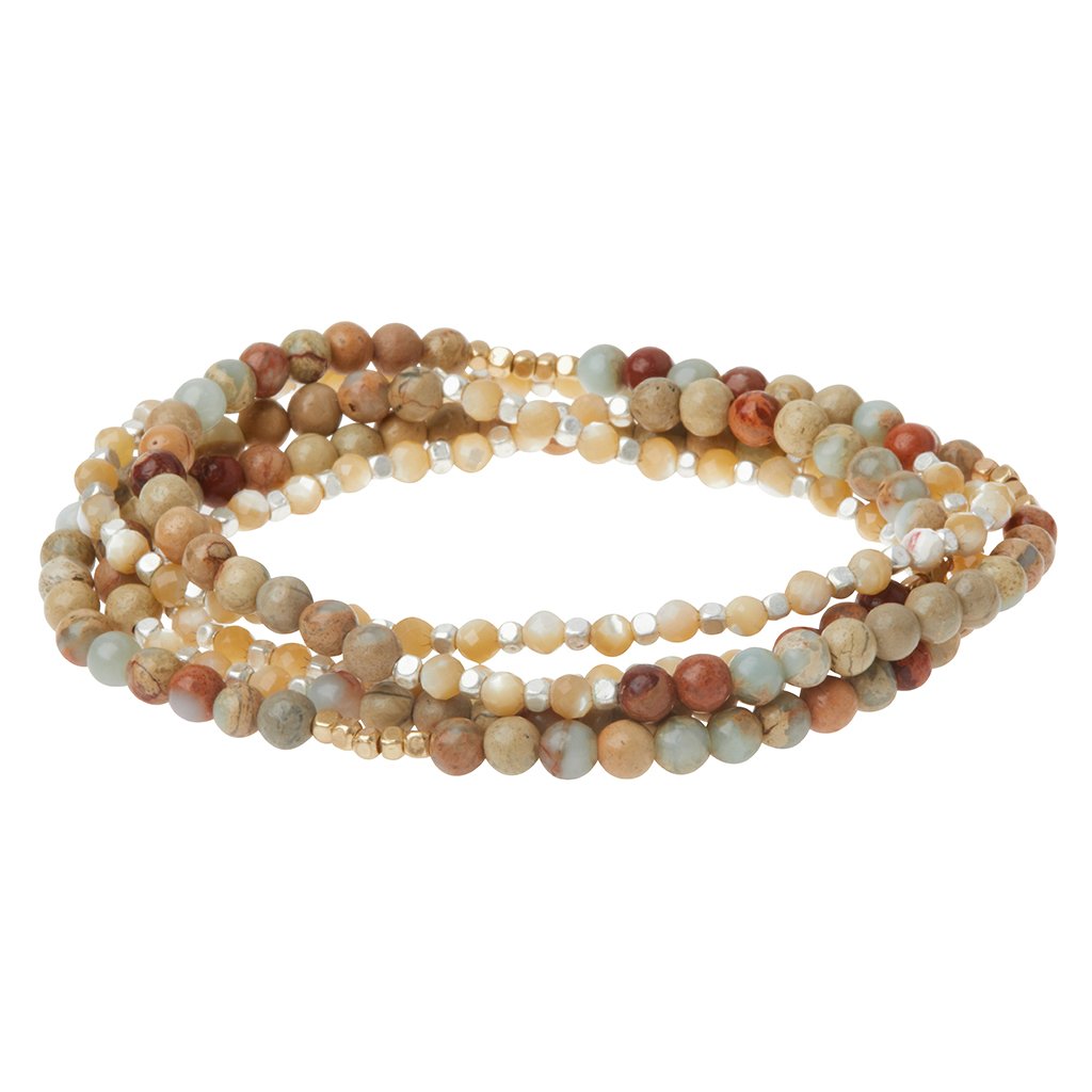 Wrap bracelet with larger earthy tone aqua terra beads and smaller brown and white mother of pearl beads