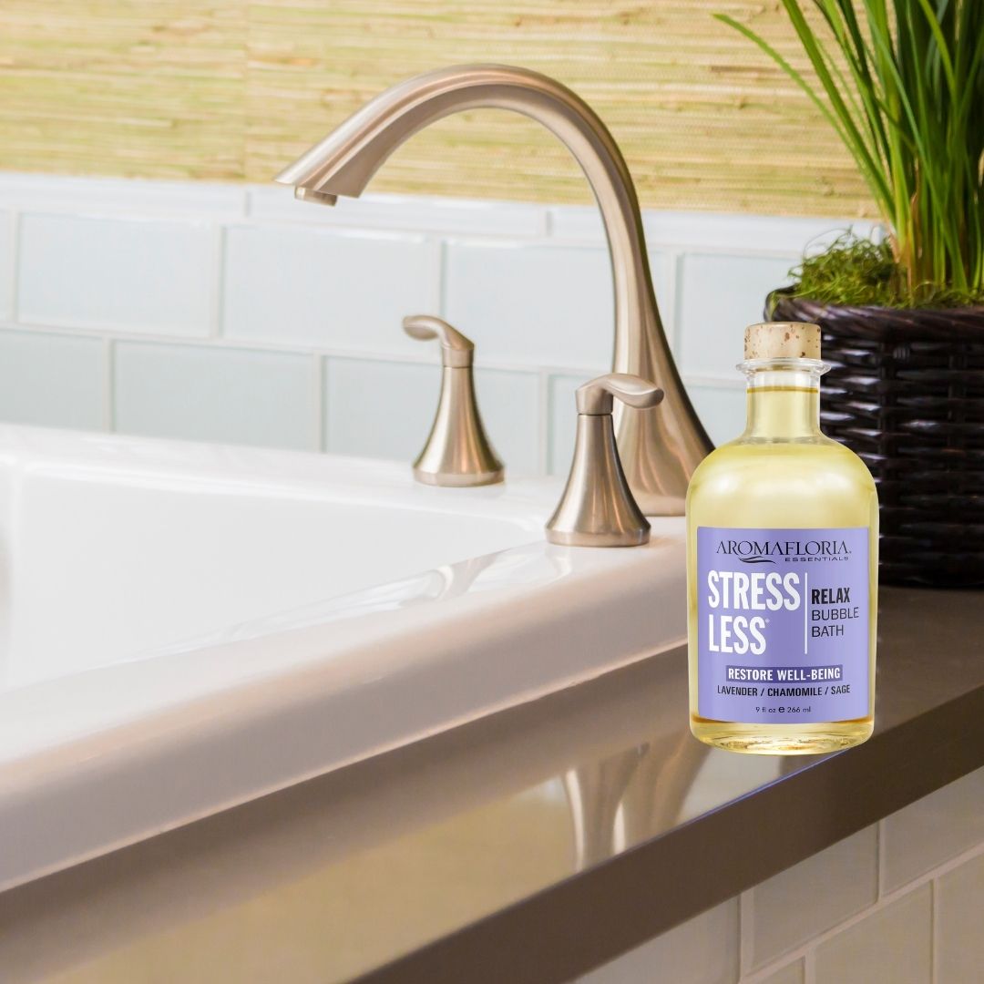 Bottle of bubble bath sitting on the edge of a tub