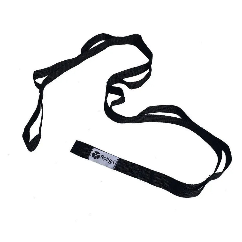 Black webbed strap to aid in yoga, pilates, warm up, post workout, and physical therapy stretches
