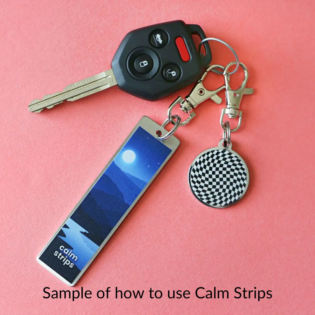 Calm Strips sticker on a keychain