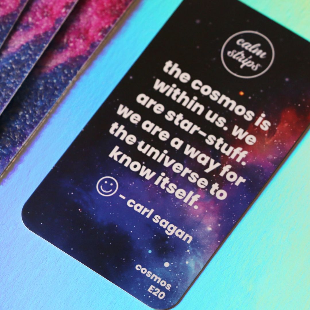 Cosmos card that reads "the cosmos is within us. we are star-stuff. we are a way for the universe to know itself. -carl sagan"