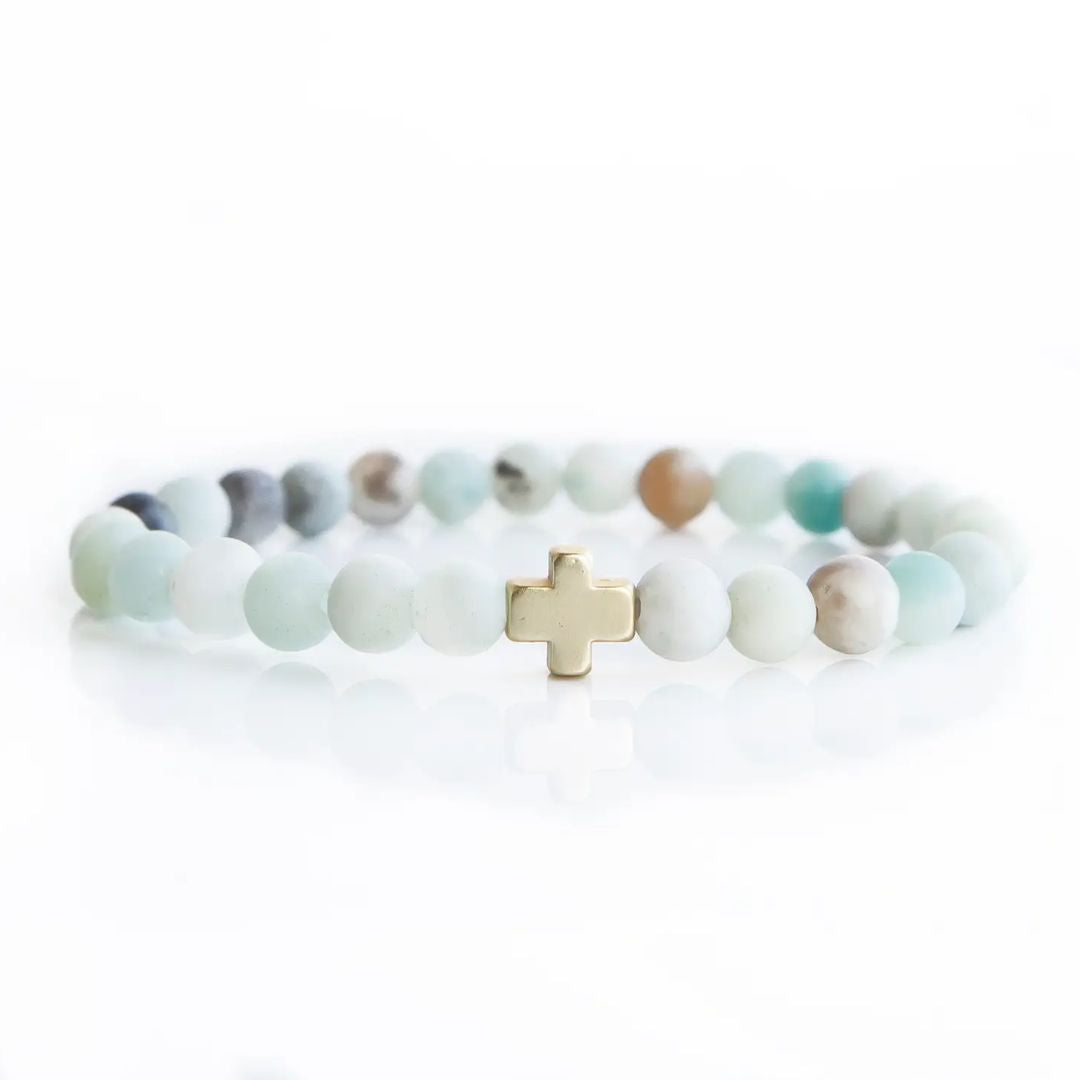 Light green and earth tone Amazonite Faith over Fear bracelet with gold cross by Lenny & Eva