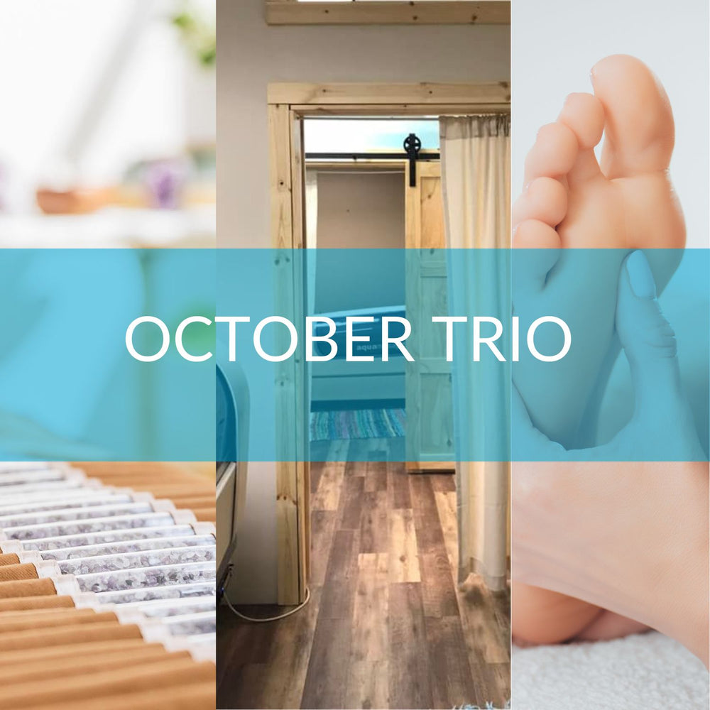 October's aqua massage, amethyst biomat, and reflexology trio event