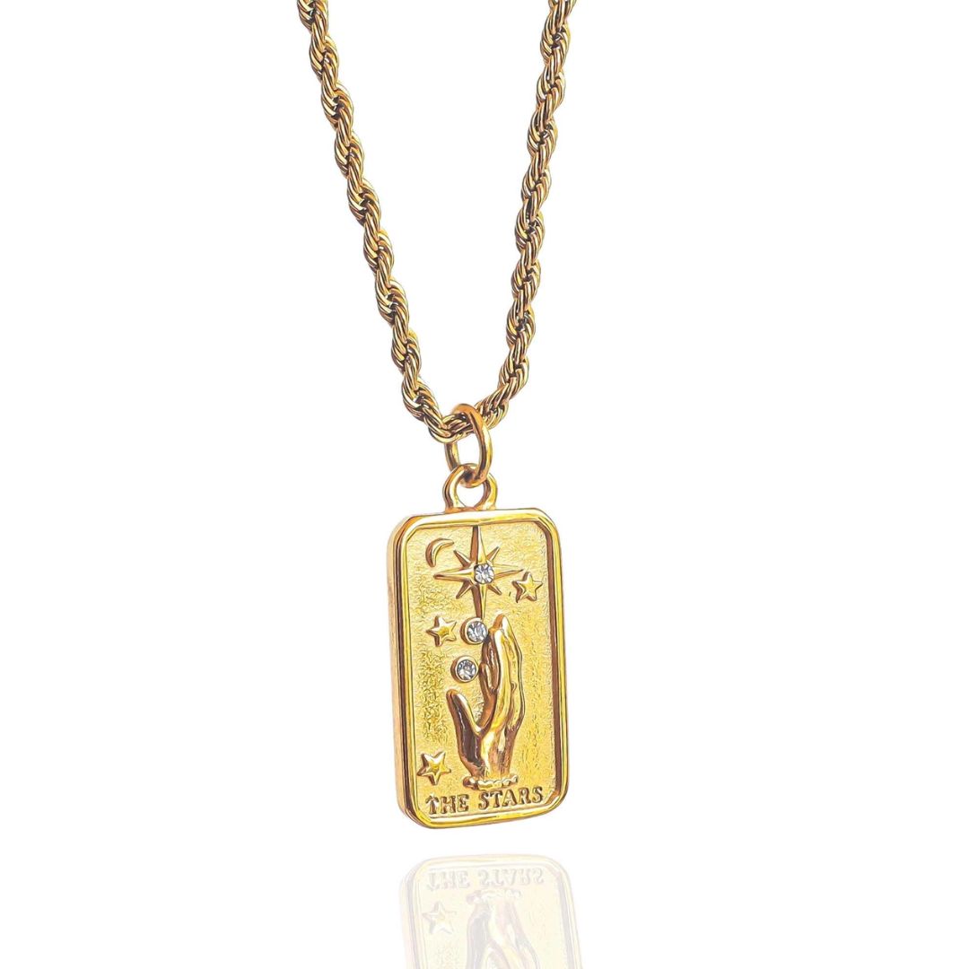 Gold Star Card tarot necklace with stars and crystals