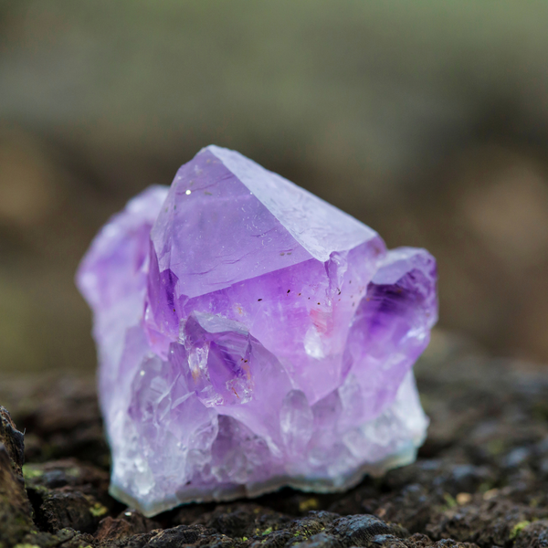 Raw amethyst crystal sitting on a rock