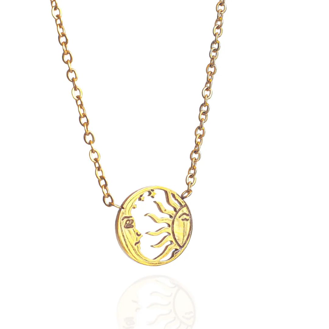 Gold sun & moon circle pendant on gold chain