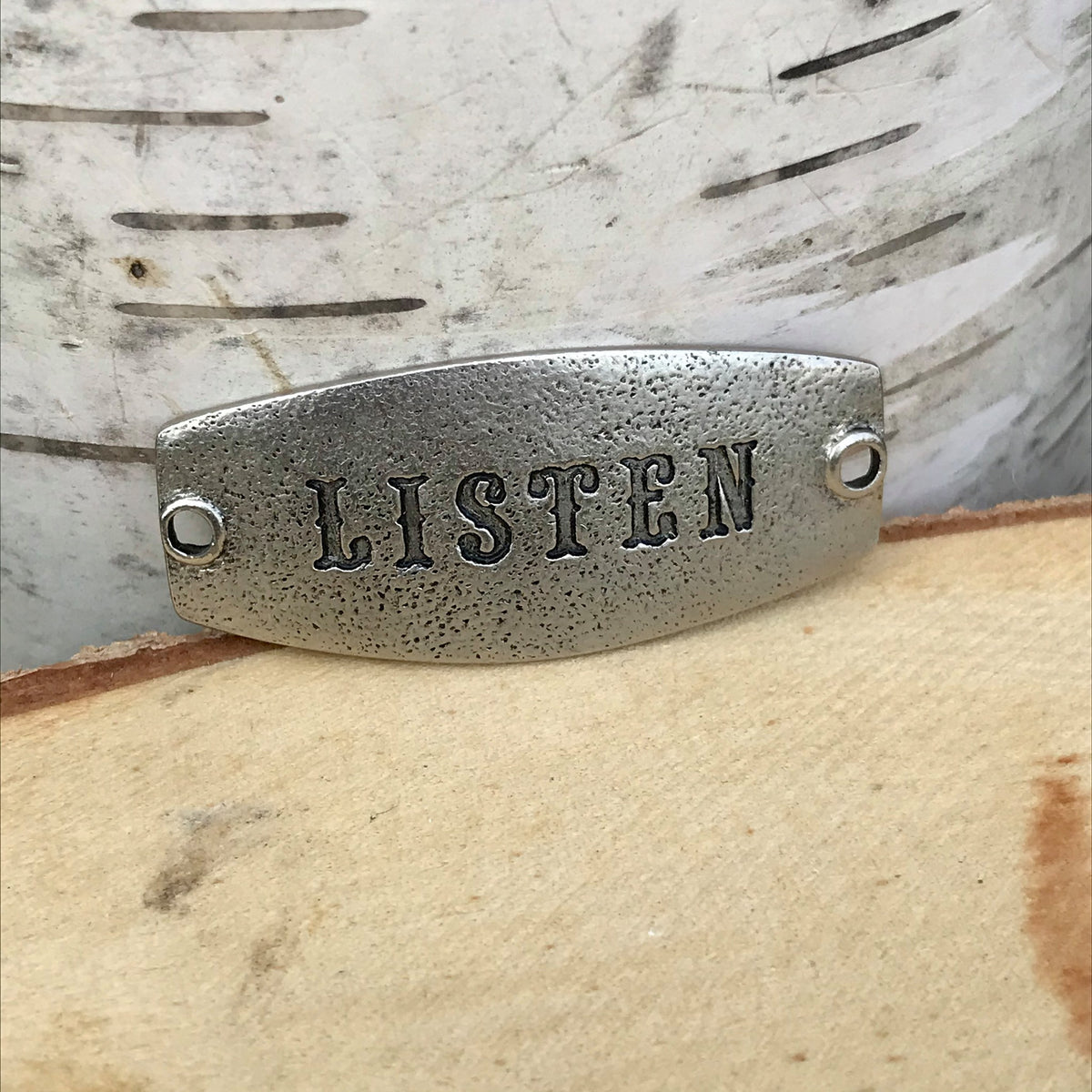 antique silver Lenny & Eva sentiment stamped with LISTEN
