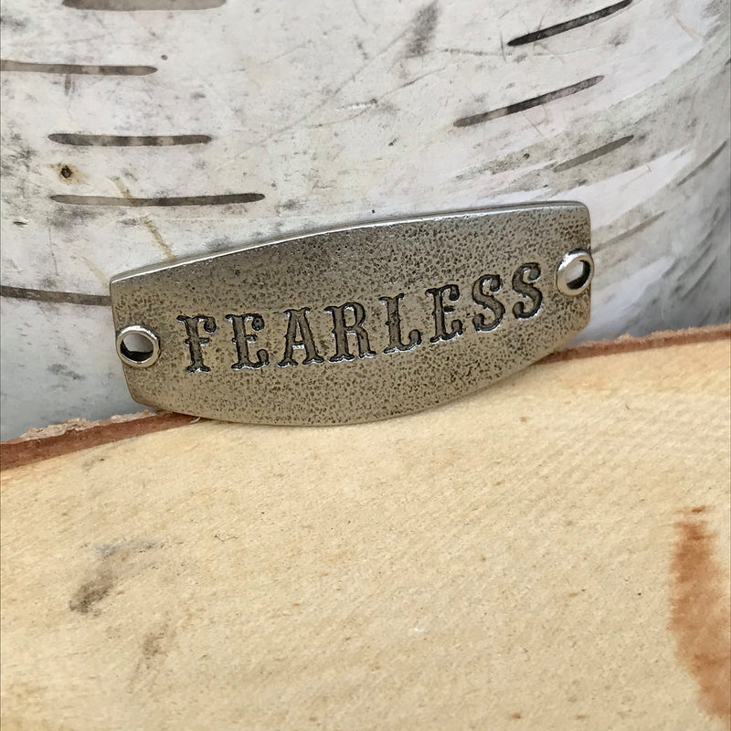 antique silver Lenny & Eva sentiment stamped with FEARLESS