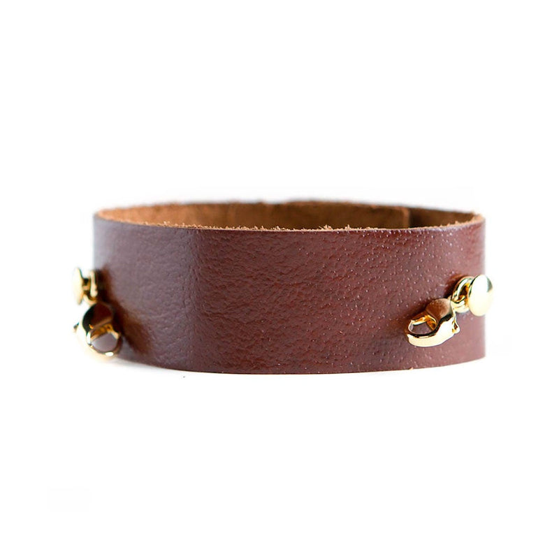Dark chestnut thin leather cuff with gold clasps from Lenny & Eva jewelry