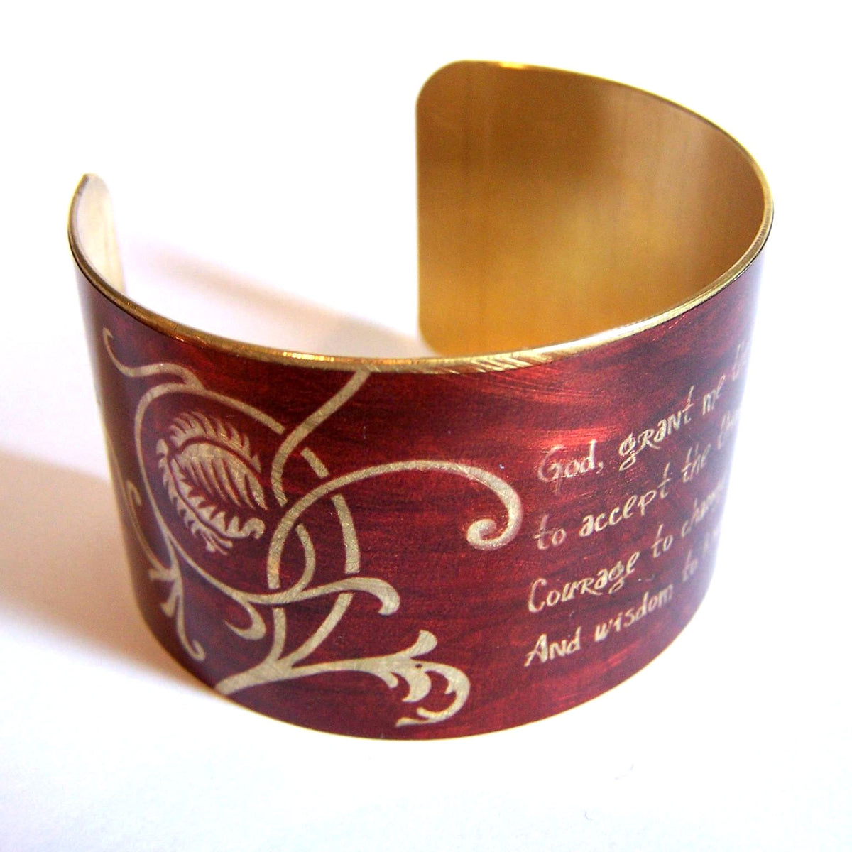 Maroon color brass cuff with serenity prayer design