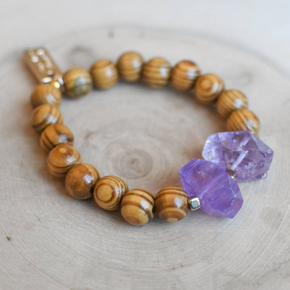 Amethyst and wood bracelet