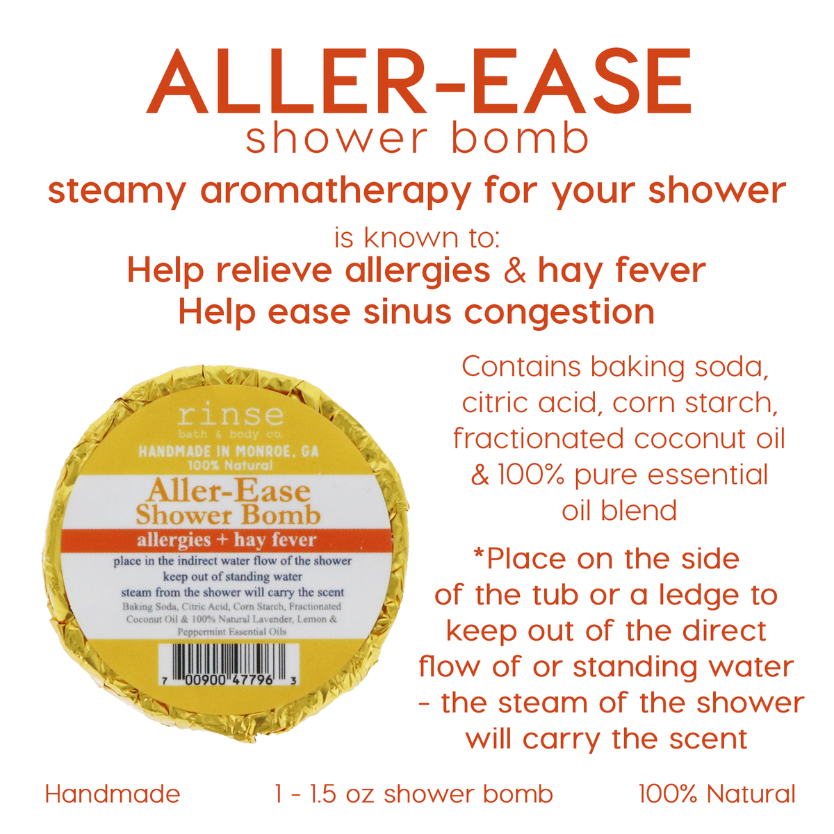 Directions and ingredients for Aller-Ease shower bombs