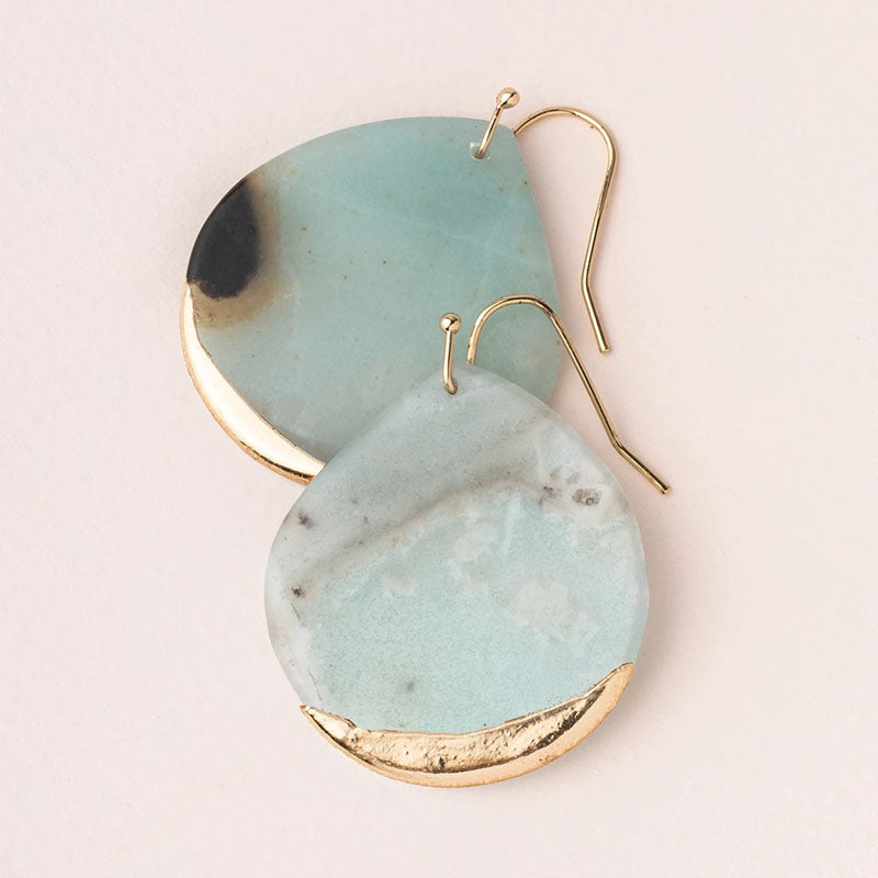 Light green amazonite teardrop shaped earrings with gold wires and a gold dipped edge
