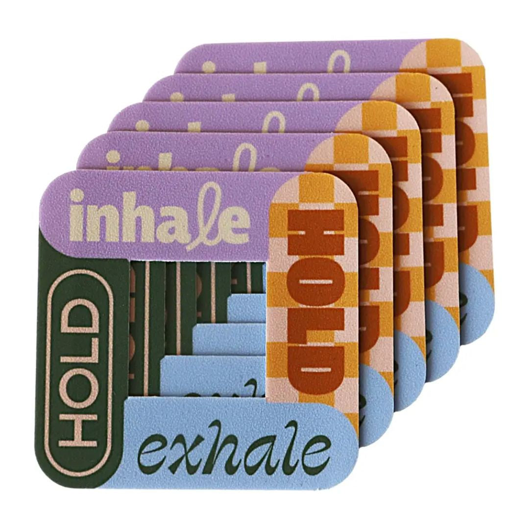 Exhale Calm Strips - square sticker with the word inhale on top, hold on the right, exhale on the bottom, and hold on the left