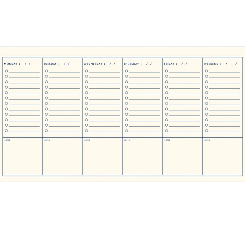 Sample checklist page. It is broken into 6 sections (one for each weekday and one for weekends) and there are lines to write tasks and check boxes listed below each day.