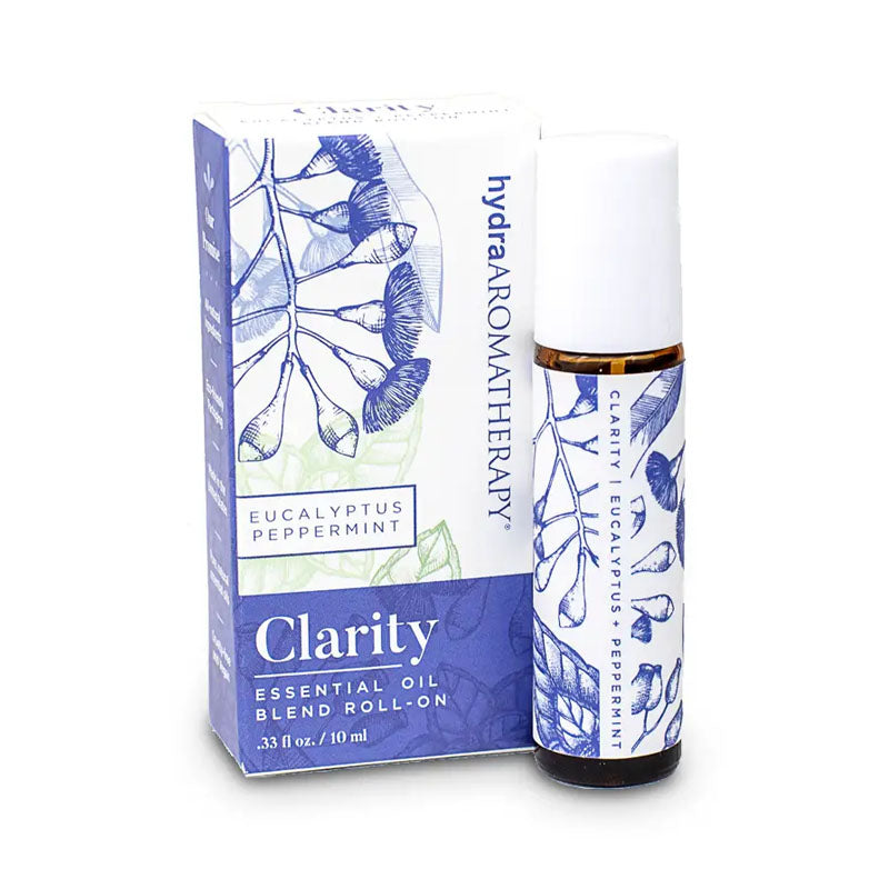 Clarity essential oil roll on is a blend of refreshing eucalyptus and peppermint essential oils. It comes in a 10 ml roll on bottle with a blue design.