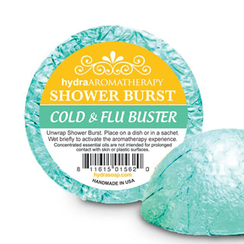 Cold & Flu shower burst disc in green wrapper