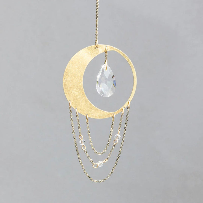 Gold crescent moon suncatcher with clear crystal