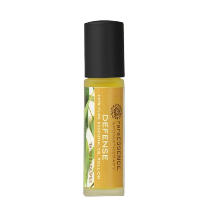 Rare Essence Defense blend essential oil roll on with brown label.