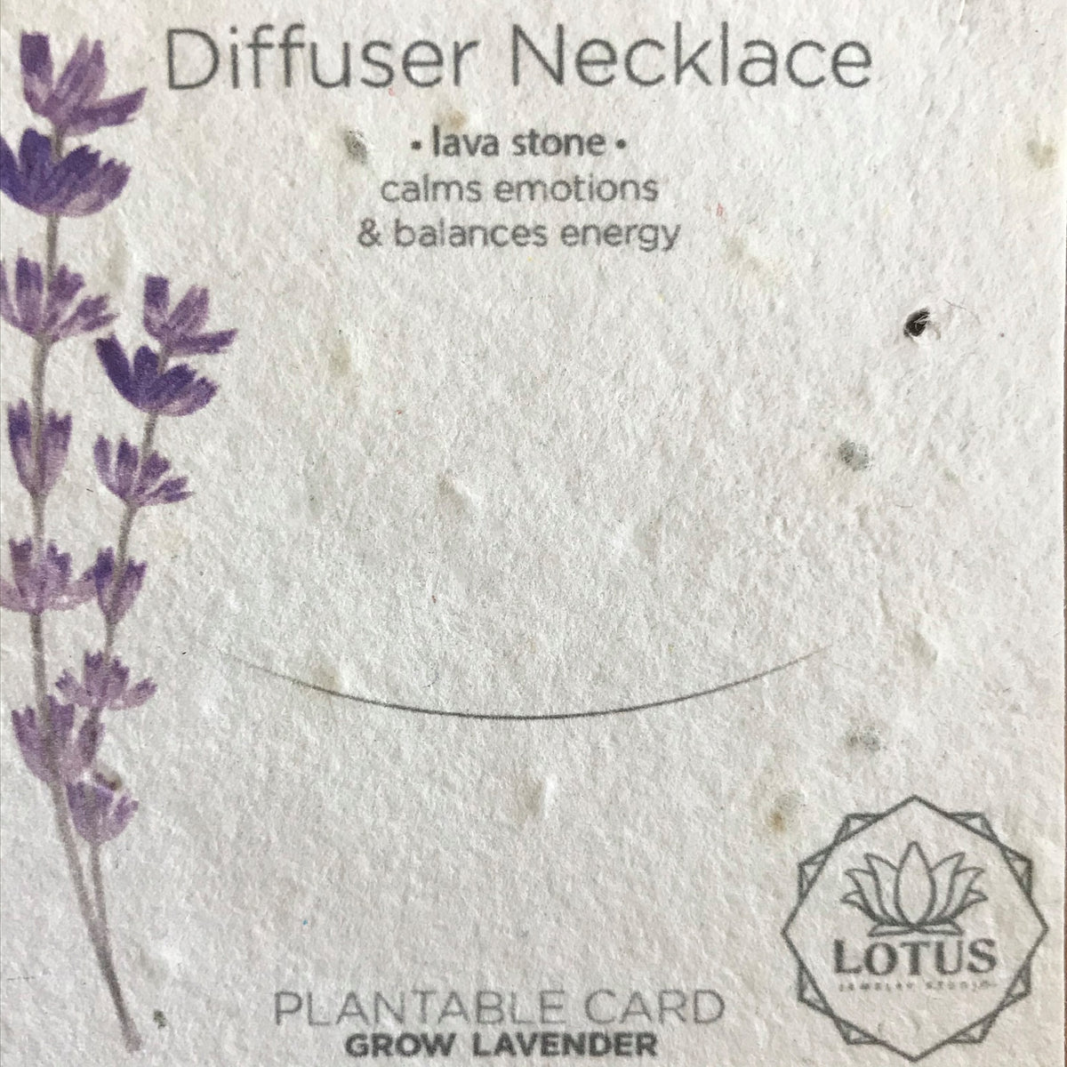 Lava Rock Essential Oil Diffuser Necklace by Lotus Jewelry Studio. Jewelry card printed on plantable lavender seed card.