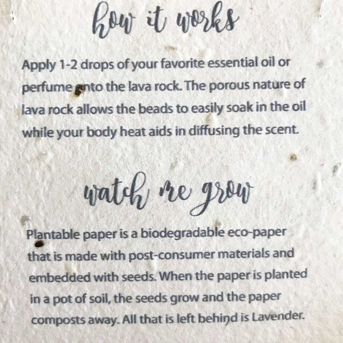 Instructions for using Lava Rock Essential Oil Aromatherapy Necklace. Printed on plantable lavender seed jewelry card.