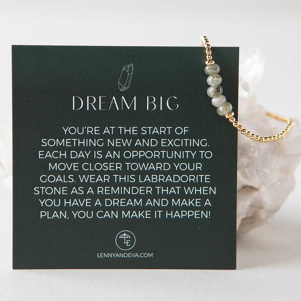 Lenny & Eva Dream Big bracelet on a dark green intention story card.