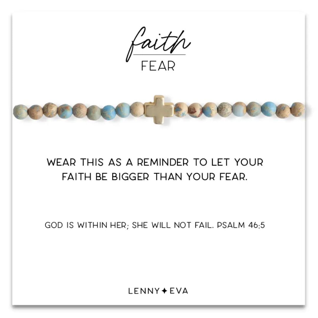 Faith over Fear bracelet story card, "Wear this as a reminder to let your faith be bigger than your fear. God is within her; she will not fail. Psalm 46:5"