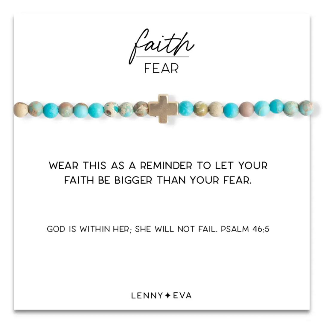 Faith Over Fear story card. "Wear this as a reminder to let your faith be bigger than your fear. God is within her; she will not fail. Psalm 46:5"