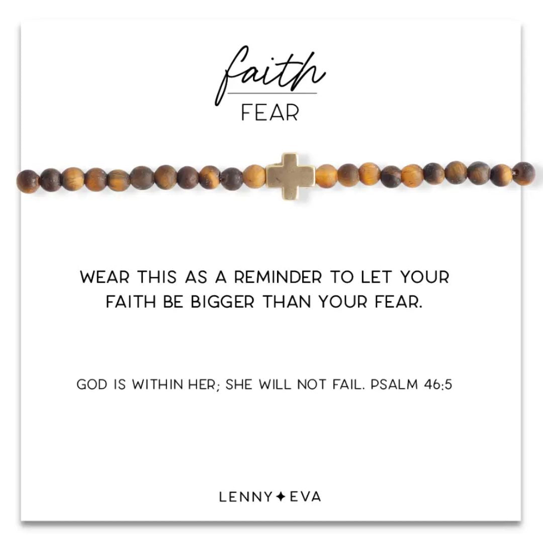 Faith Over Fear bracelet story card, "Wear this as a reminder to let your faith be bigger than your fear. God is within her; she will not fail. Psalm 46:5." Lenny & Eva