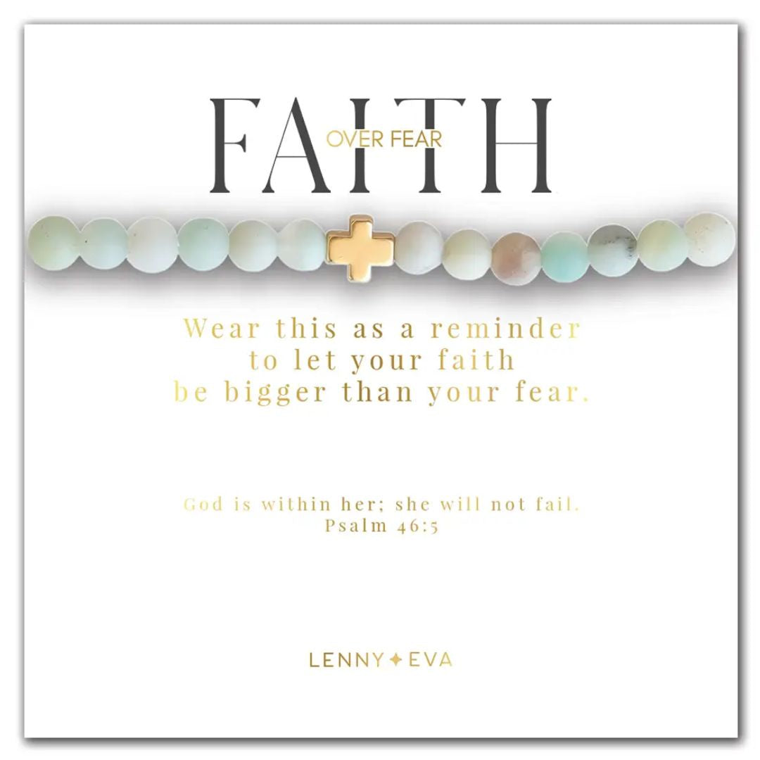 Amazonite Faith Over Fear story card, "Wear this as a reminder to let your faith be bigger than your fear. God is within her; she will not fail. Psalm 46:5"