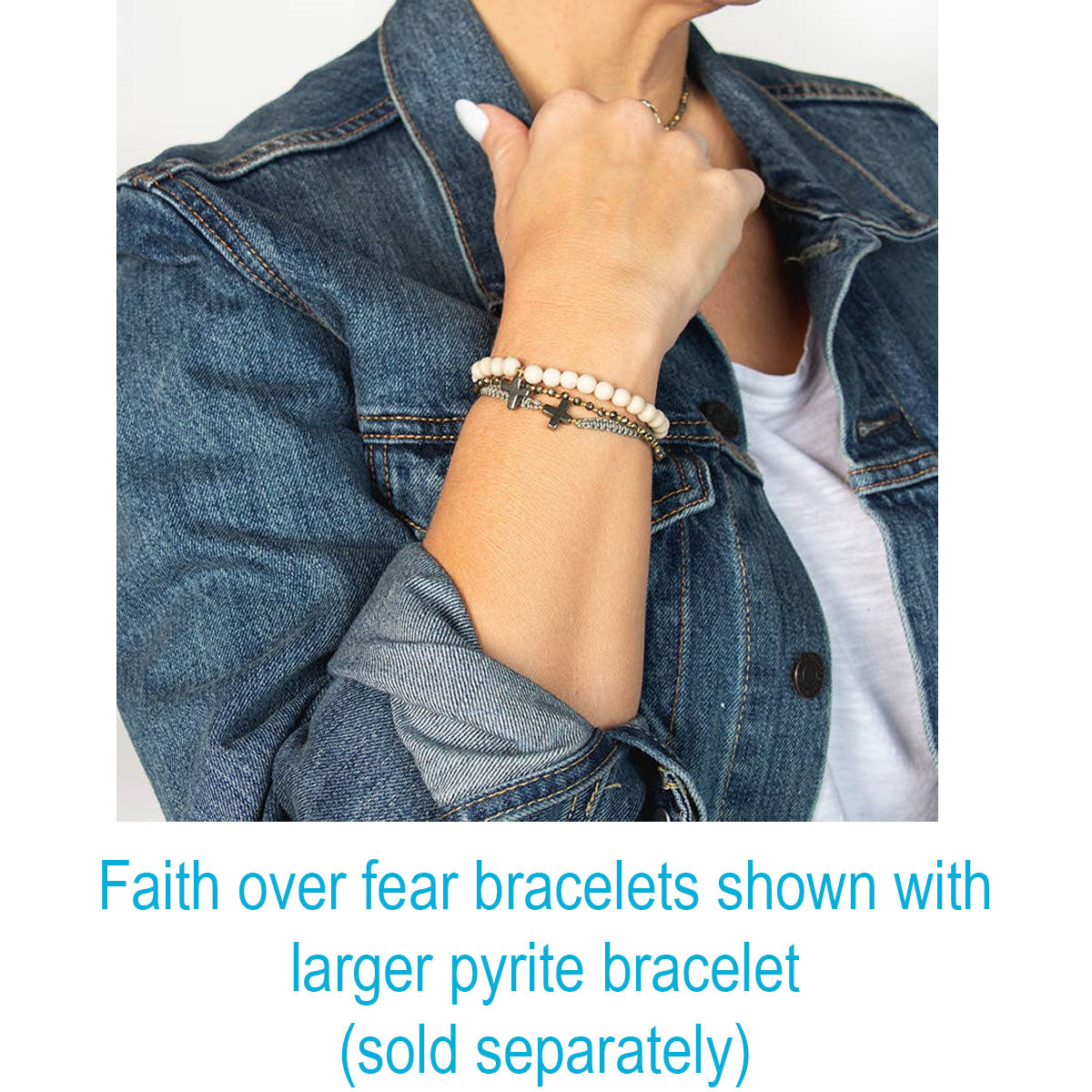 Faith over fear beaded bracelets shown on model