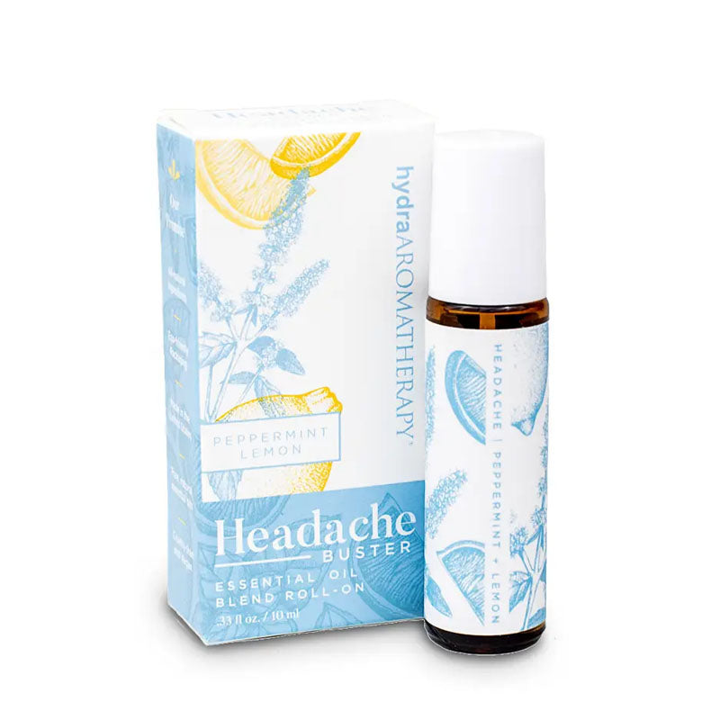 Headache Buster contains peppermint to soothe and lemon to calm nausea. This roll on bottle contains 10 ml and has a light blue lemon and mint plant design.