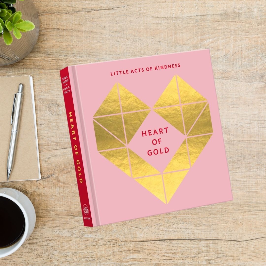 Heart of Gold - Little Acts of Kindness book. Pink hardcover book with gold foil heart on front.