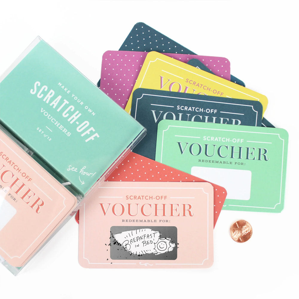 Box of Make your own scratch-off vouchers with sample vouchers displayed