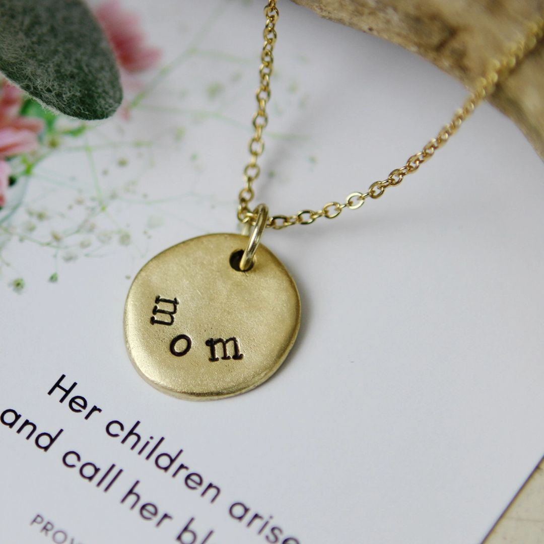 Mom - Hand Stamped Gold Scripture Necklace