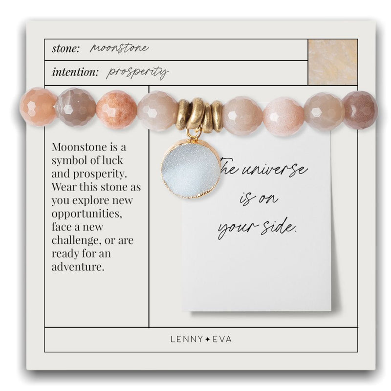 Dark peach colored Moonstone & crystal druzy bracelet on "The universe is on your side" story card